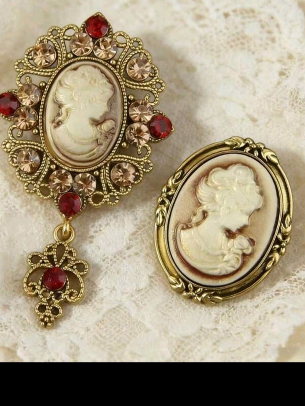 Gold Cameo Brooch Set with Red and Champagne Accents